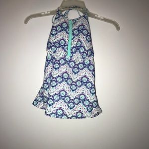 blue tankini top with braided design